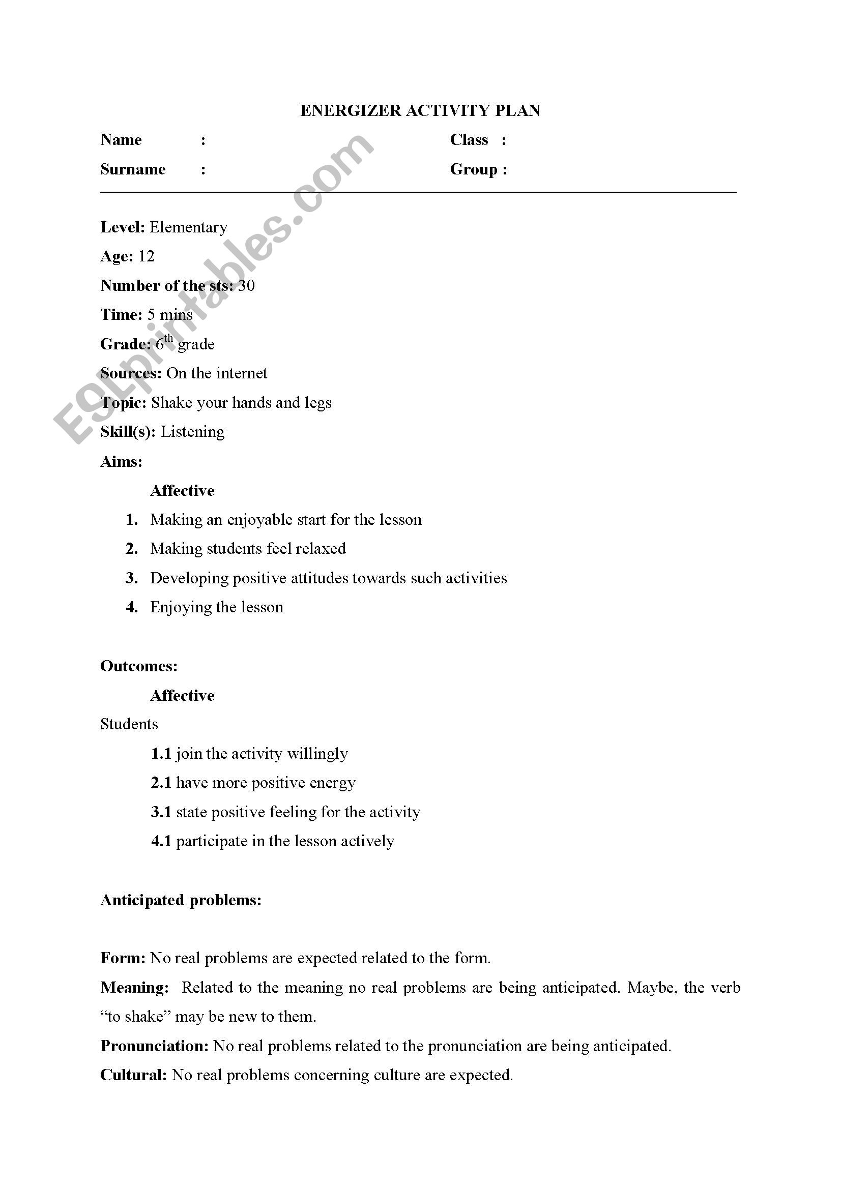 energizer worksheet