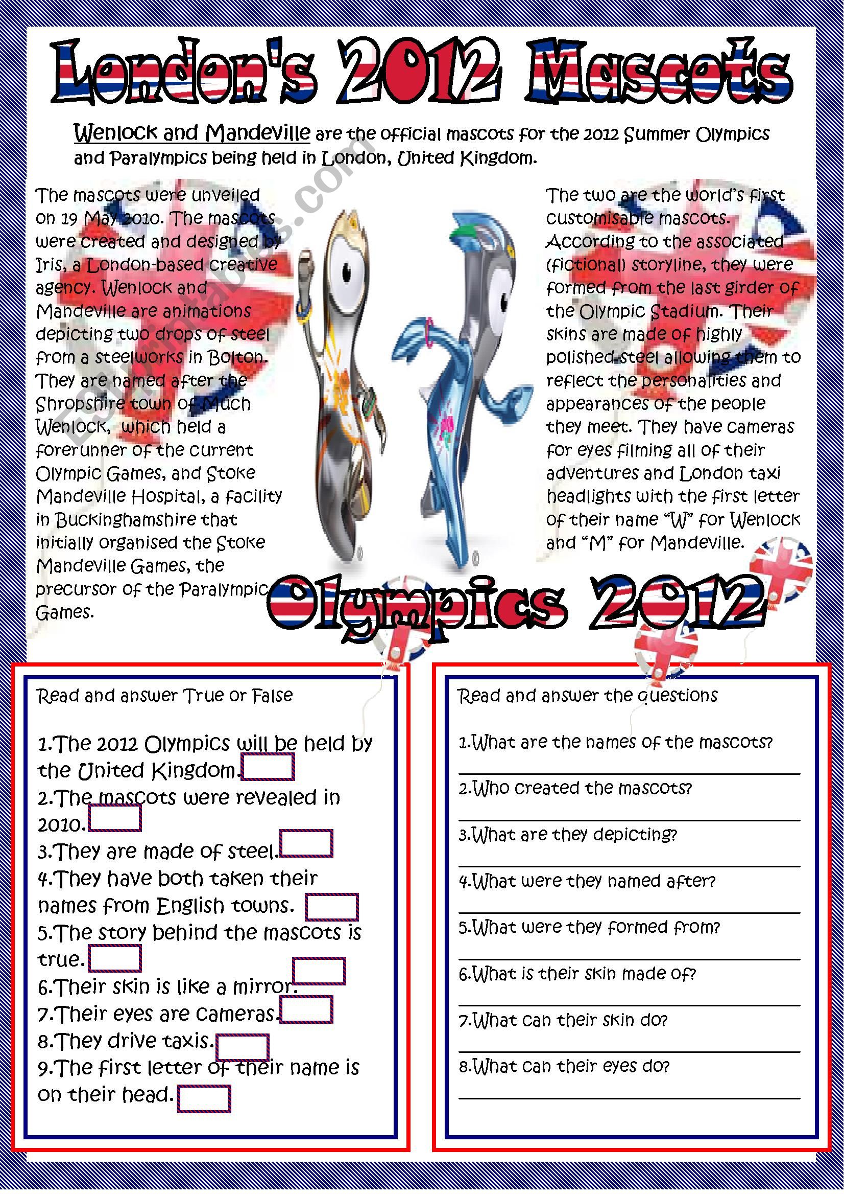 Londons 2012 mascots worksheet