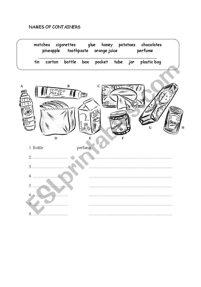 Names of containers worksheet