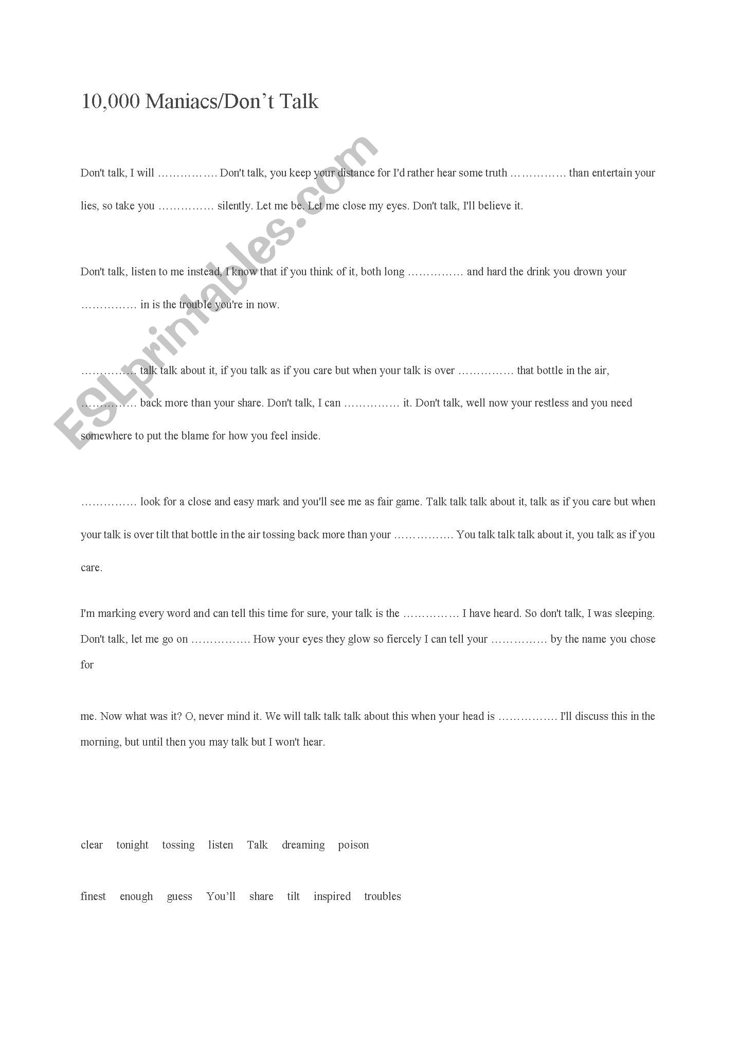 10,000 Maniacs/Donīt Talk Song Worksheet 10,000 Maniacs/Donīt Talk Song Worksheet