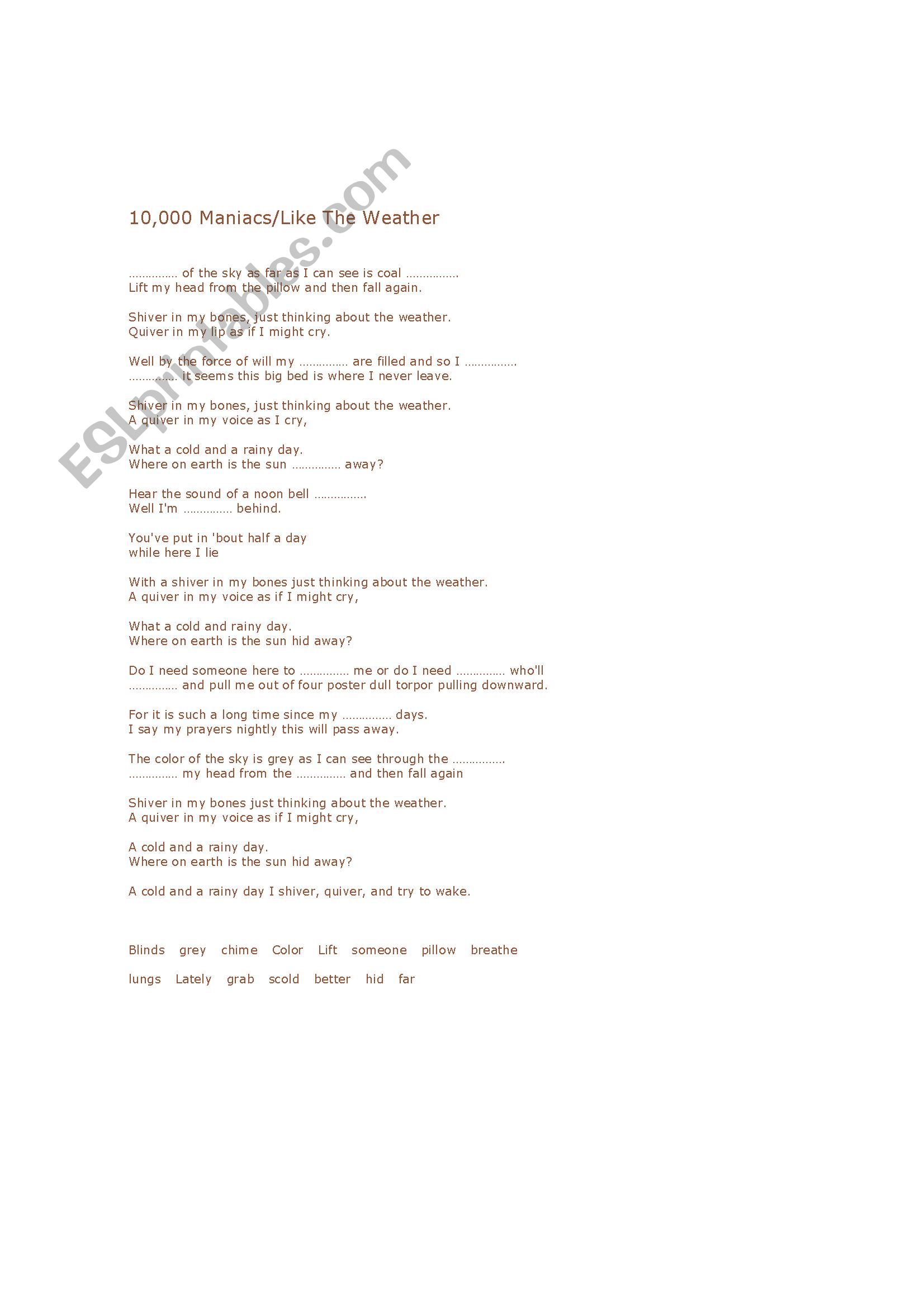 10,000 Maniacs/Like The Weather Song Worksheet