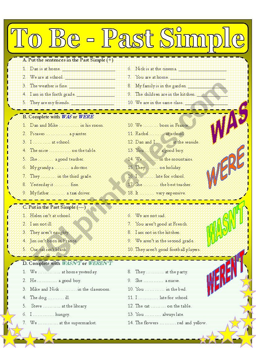 TO BE - PAST SIMPLE (POSITIVE, NEGATIVE, QUESTIONS) - 12 ACTIVITIES