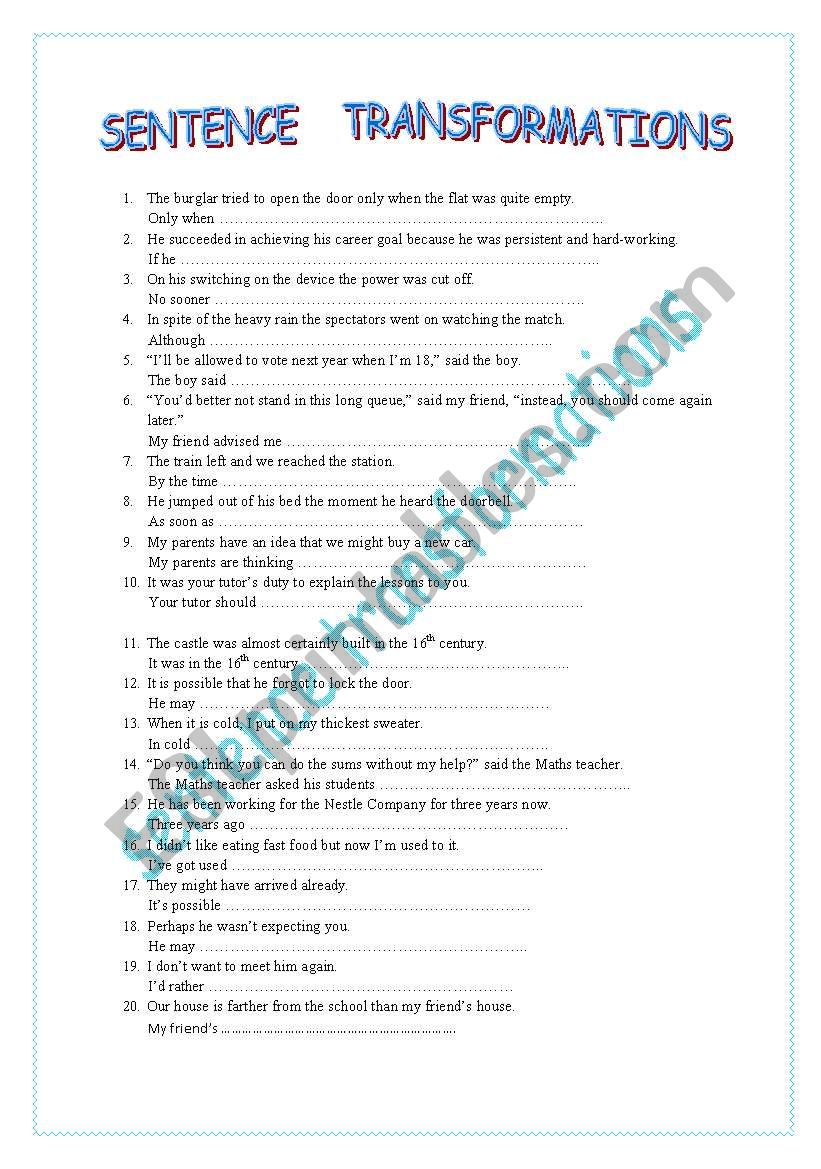 SENTENCE    TRANSFORMATIONS worksheet