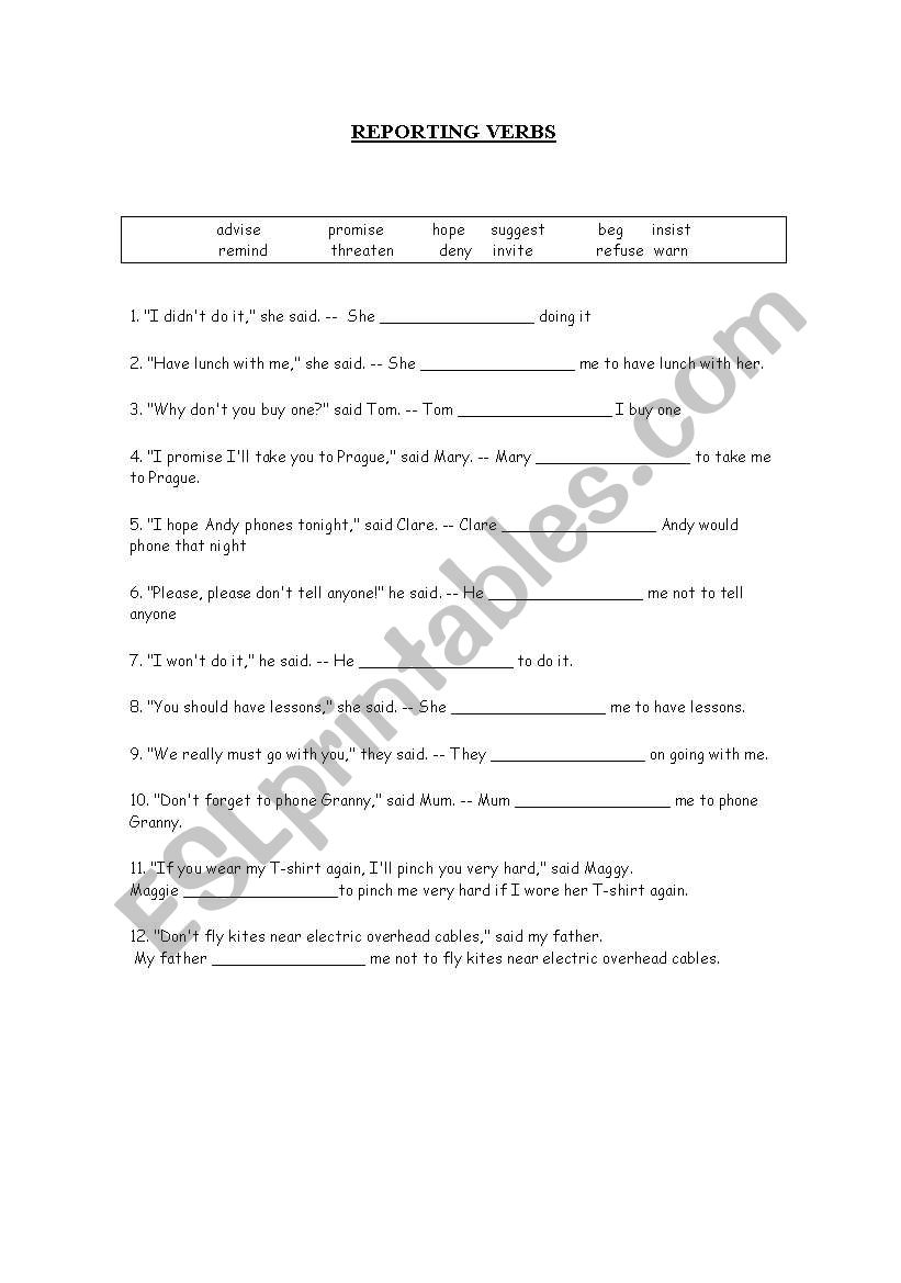 Reporting Verbs worksheet