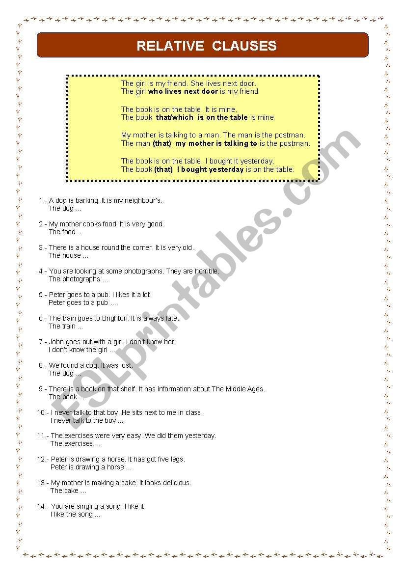 Defining Relative Clauses worksheet