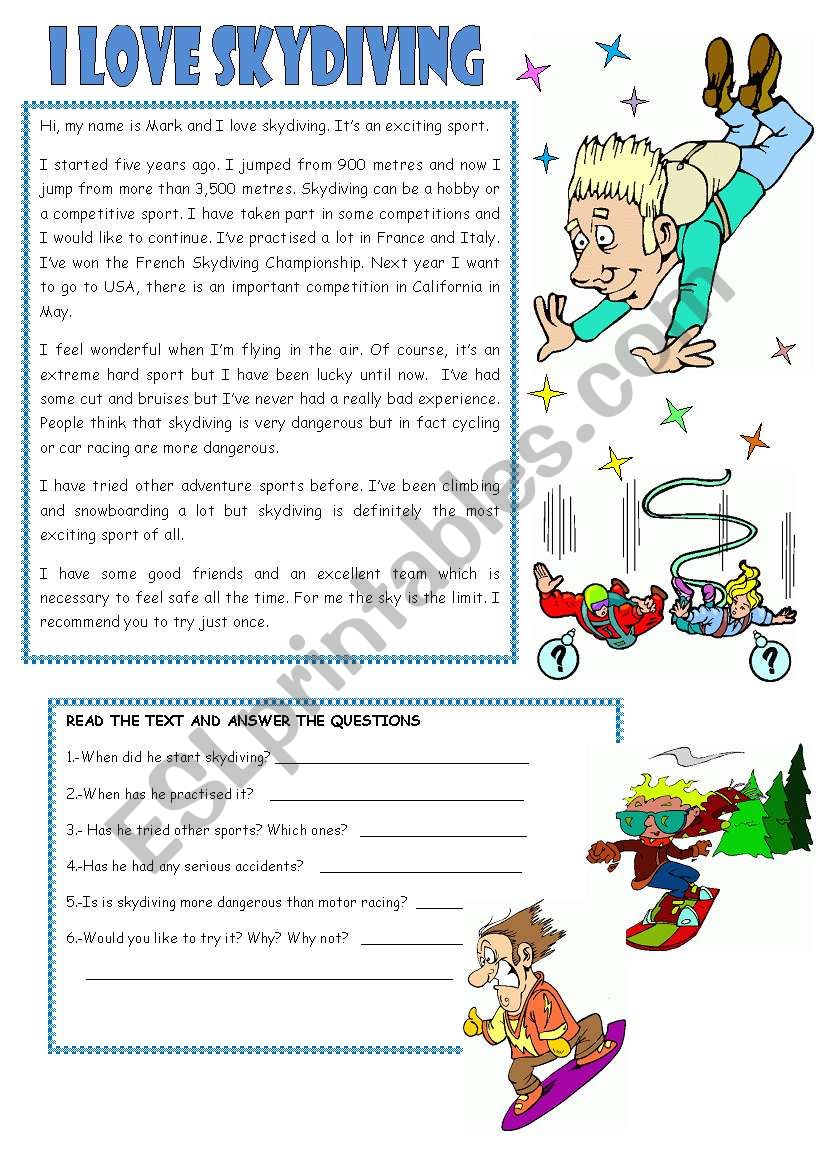 READING: I LOVE SKYDIVING worksheet