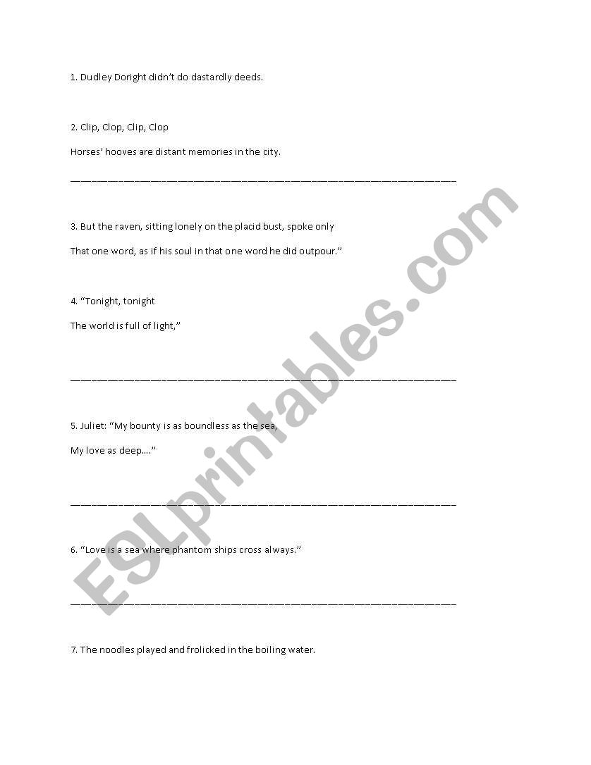 Identify Literery devices worksheet