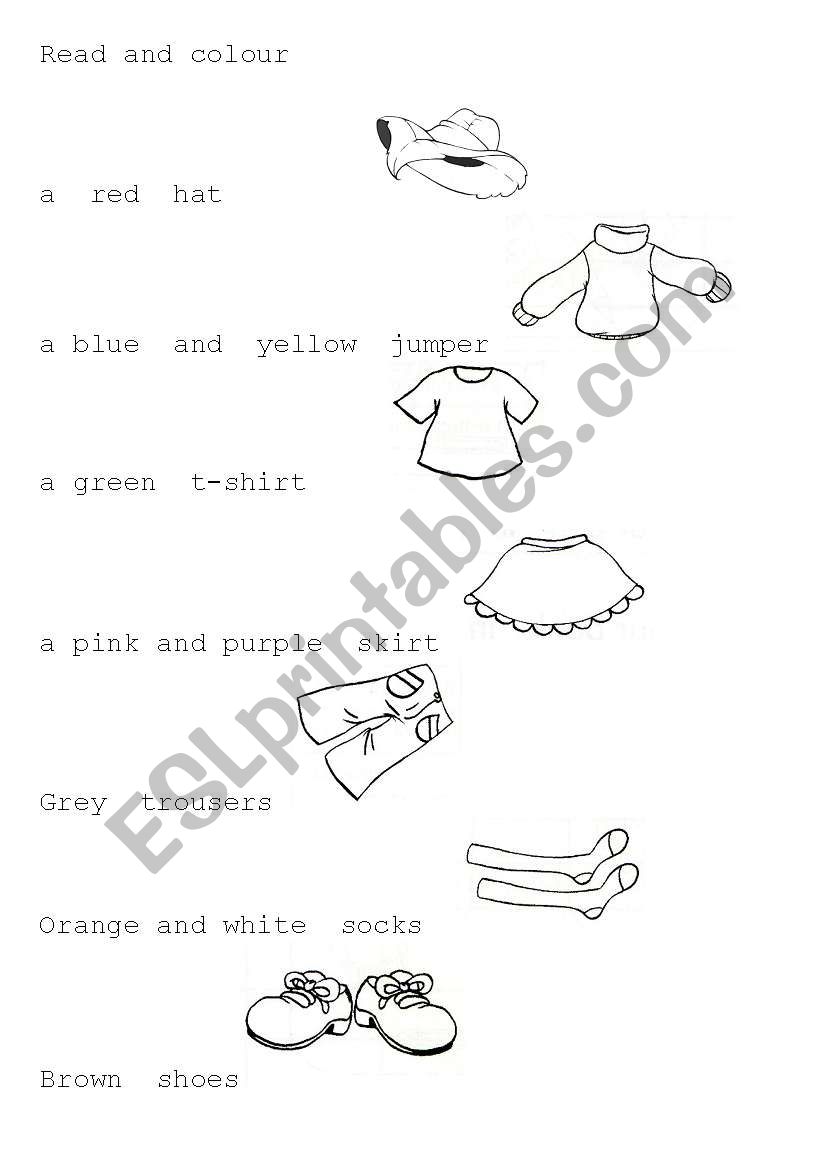 read and colour clothes worksheet
