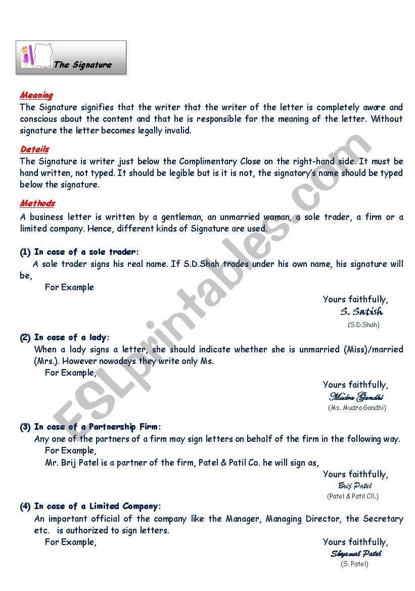 Signature worksheet