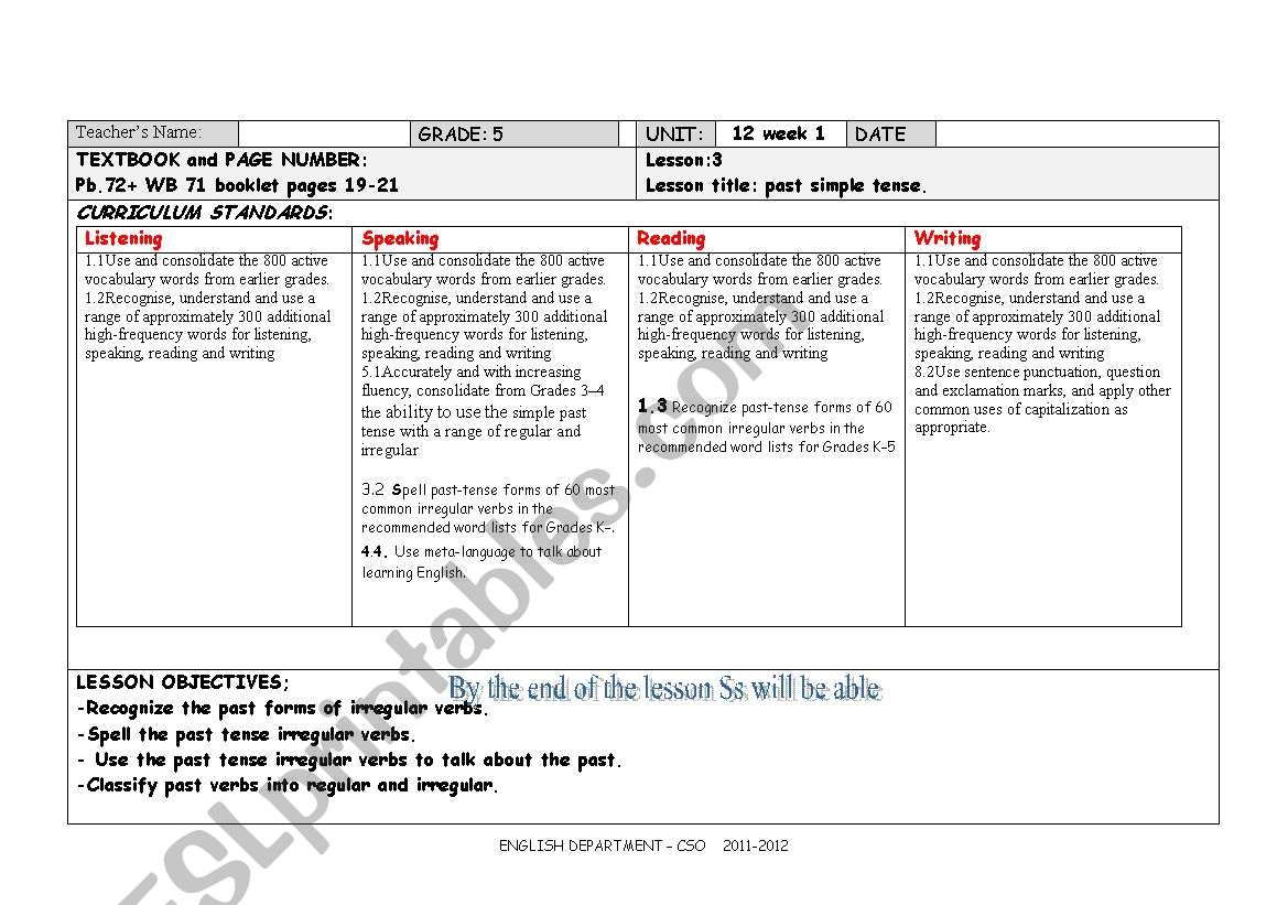 past simple lesson plan worksheet