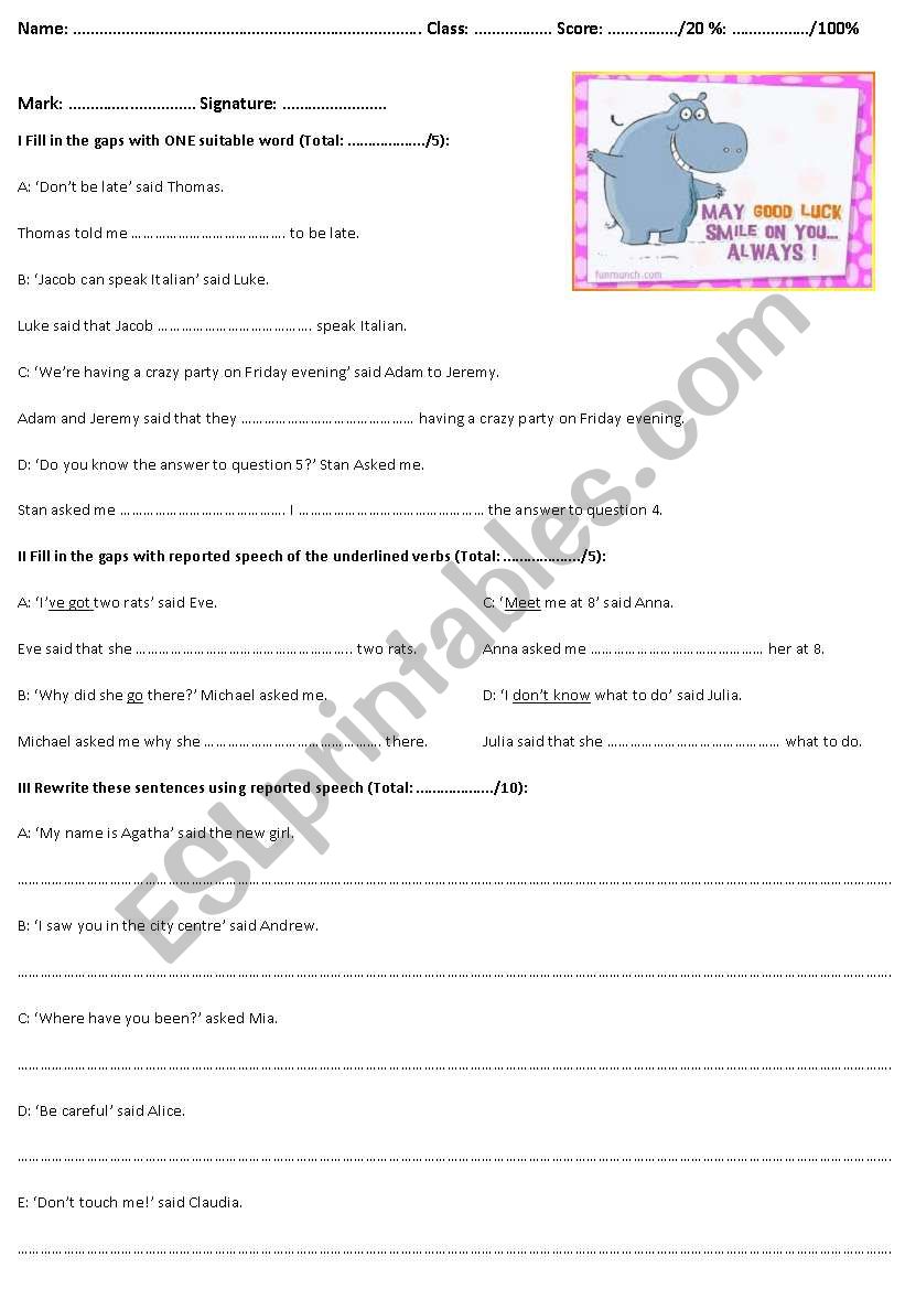 Reported speech worksheet