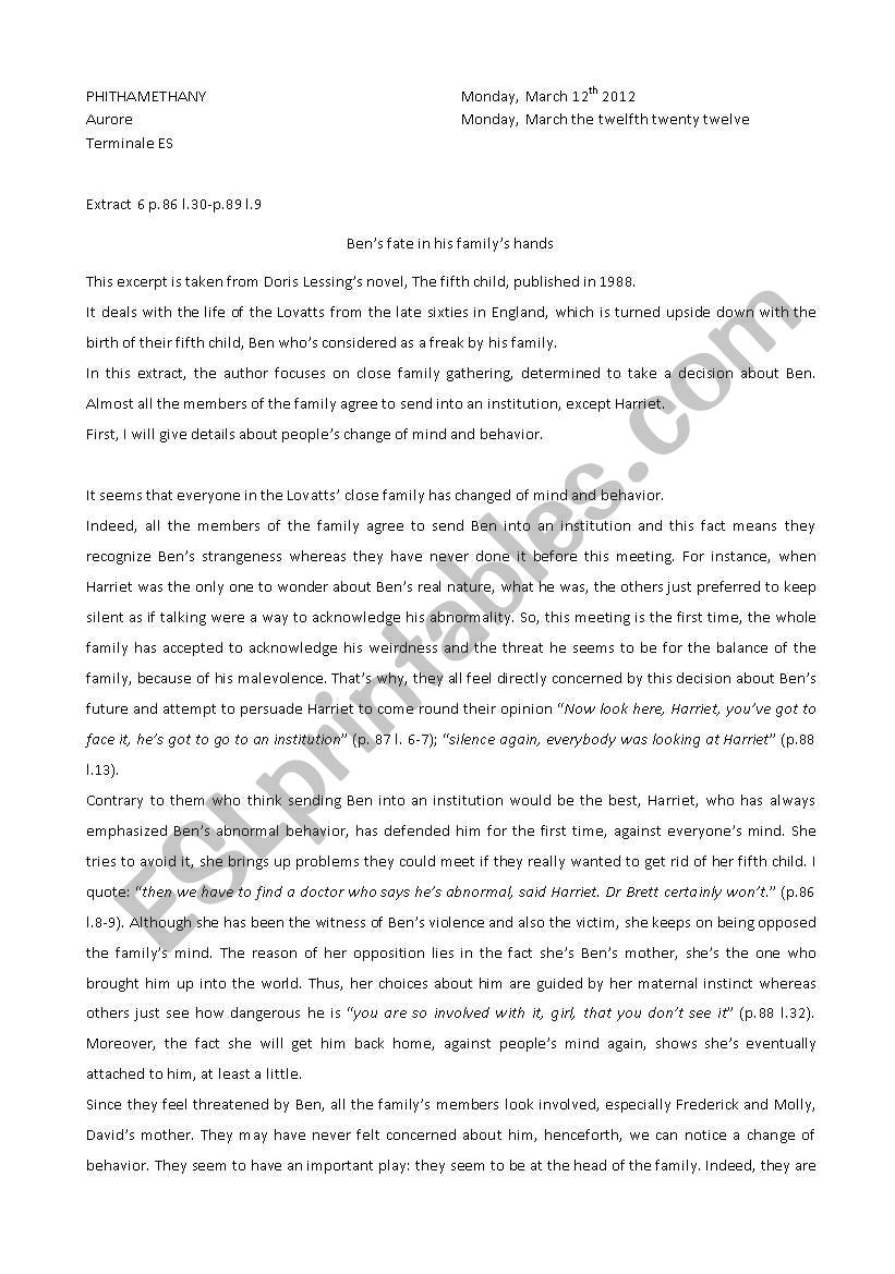 the fifth child-excerpt 5 worksheet