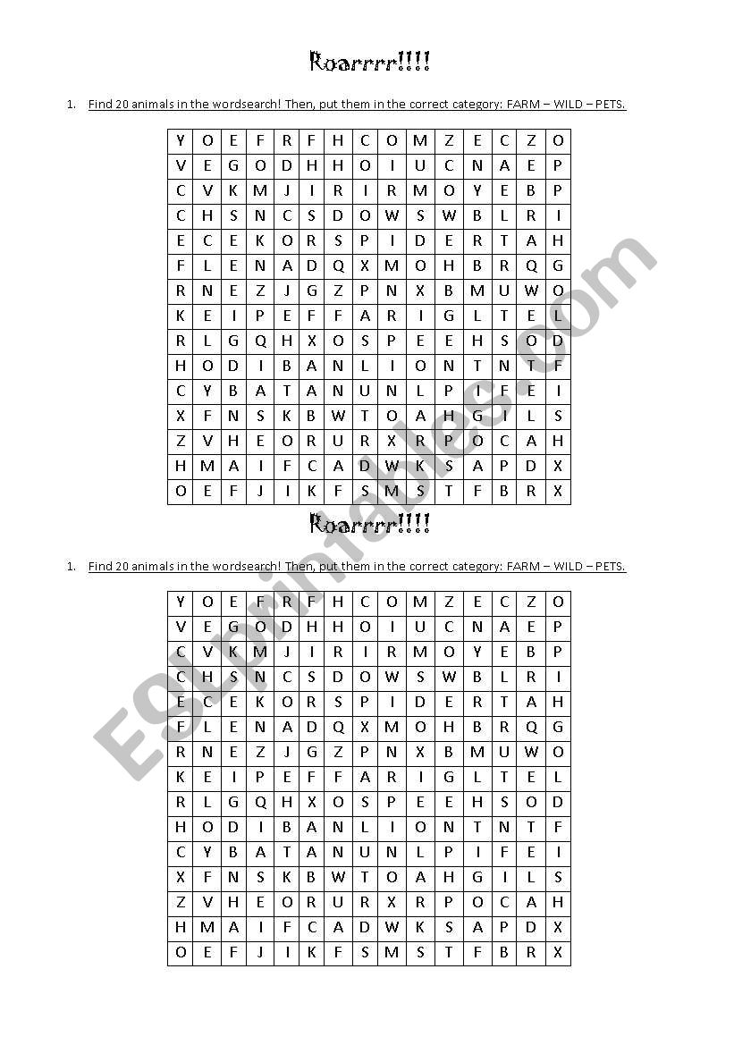 animals wordsearch worksheet