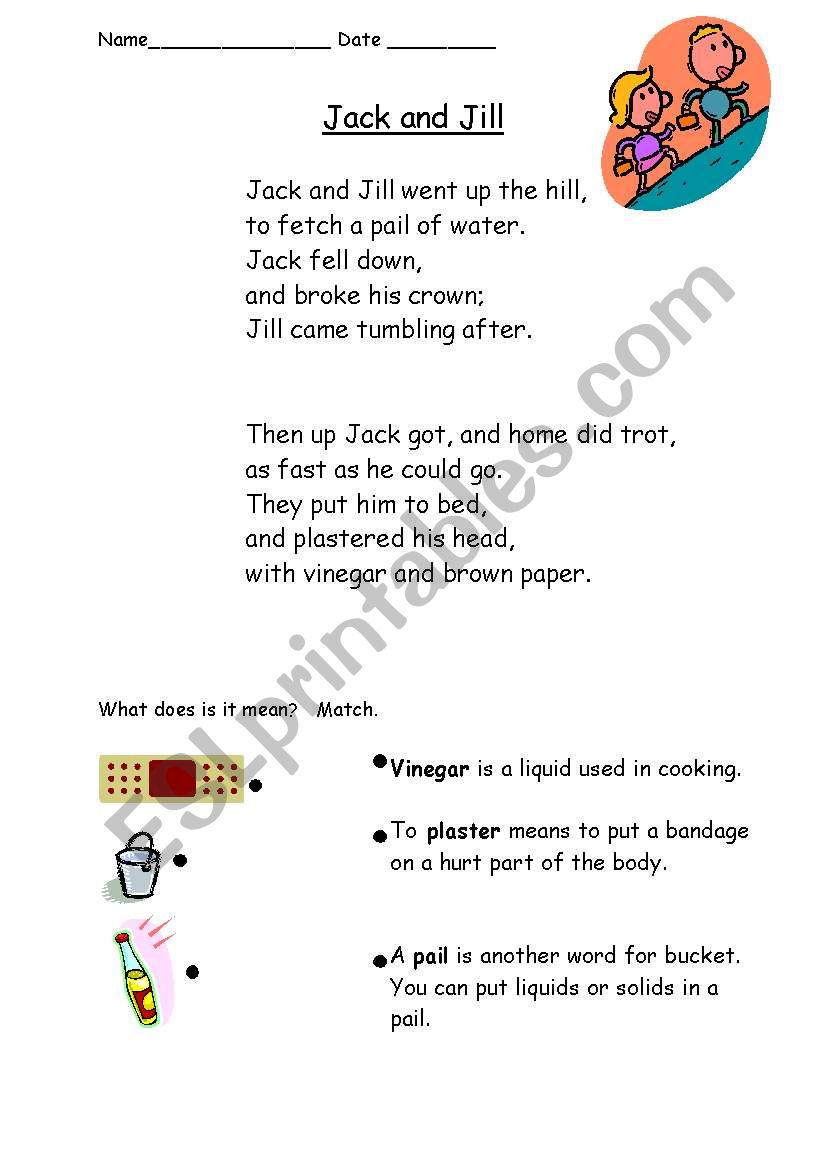 Jack and Jill Rebus Rhyme  worksheet