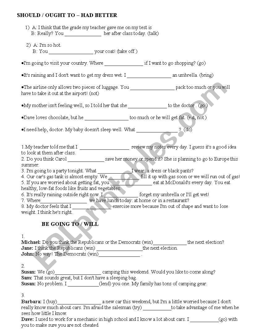Should-Ought to-Had better worksheet