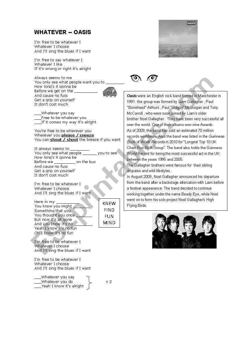 Whatever oasis worksheet