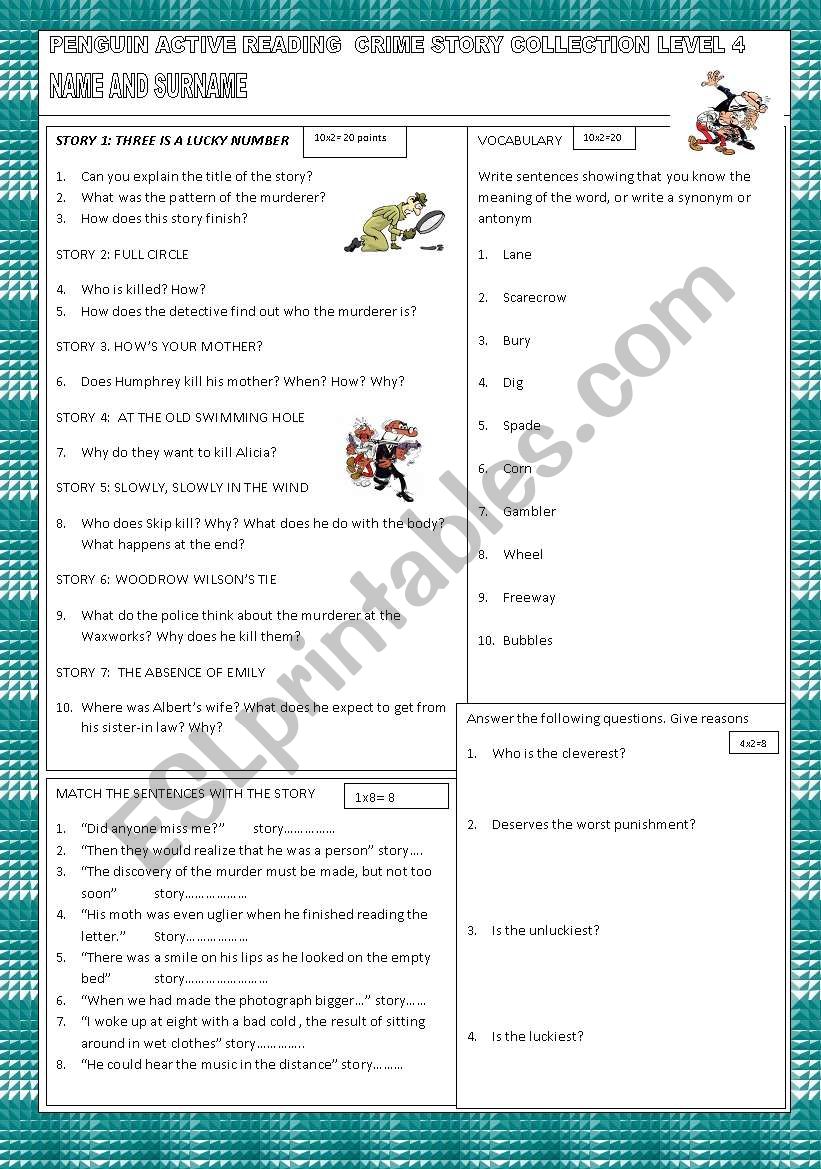 reading exam/activities: Crime story collection. Penguin level 4