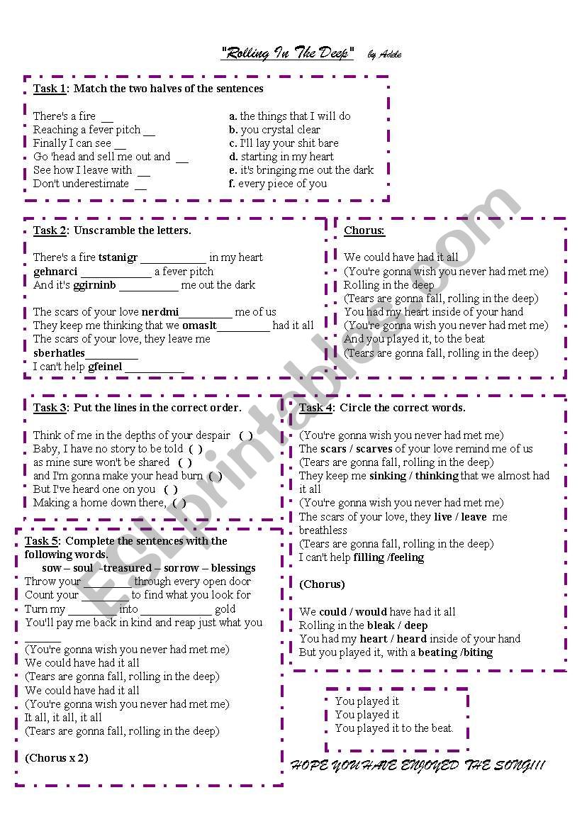 ROLLING IN THE DEEP - ADELE worksheet