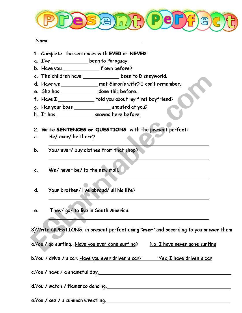 Present Perfect Never  Ever worksheet