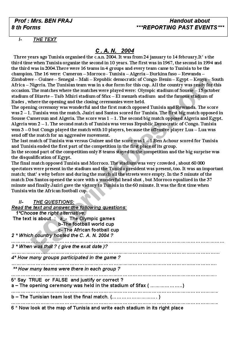 past events worksheet