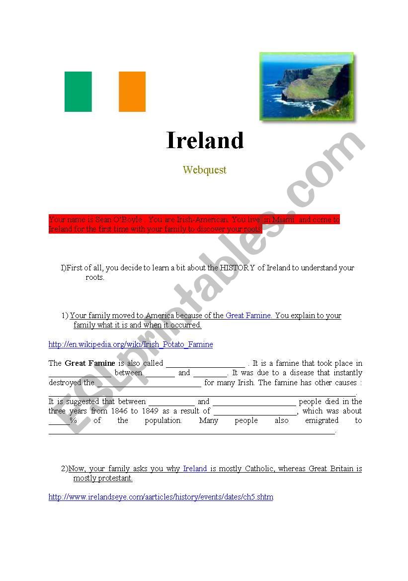 Ireland: Webquest worksheet