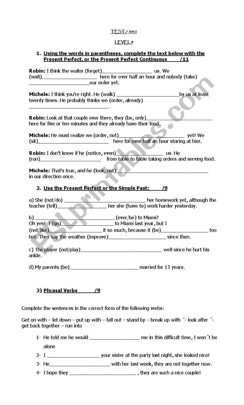 grammar test worksheet