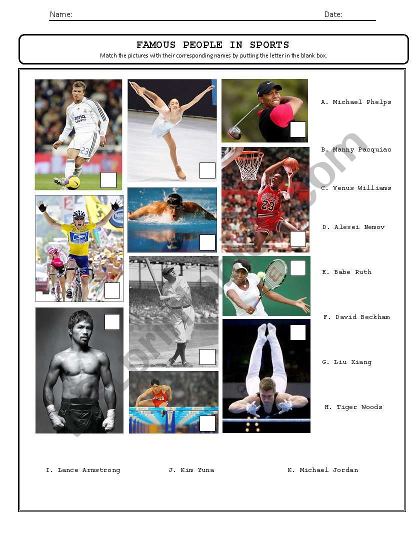 Sports Heroes Matching Type worksheet