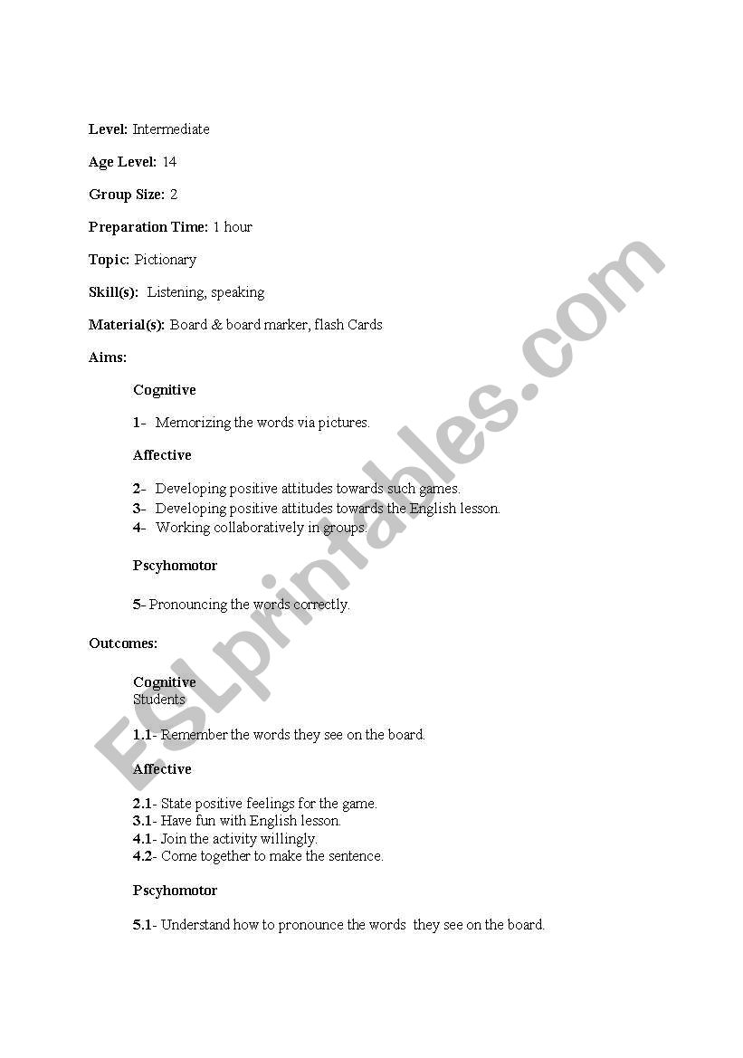 Pictionary worksheet