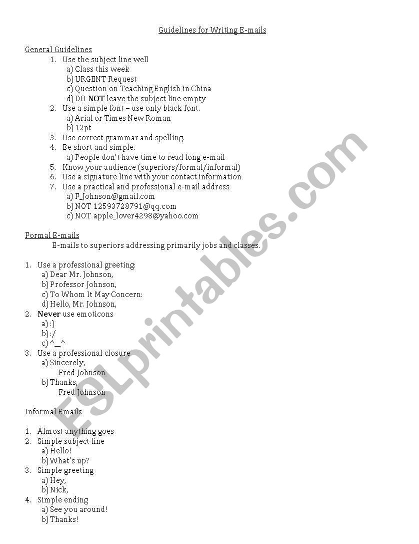 E-mailing Guidelines worksheet