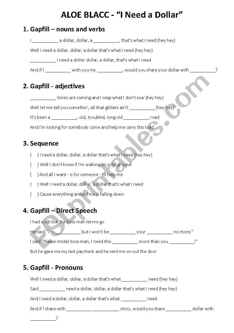 I NEED A DOLLAR by Aloe Blacc worksheet