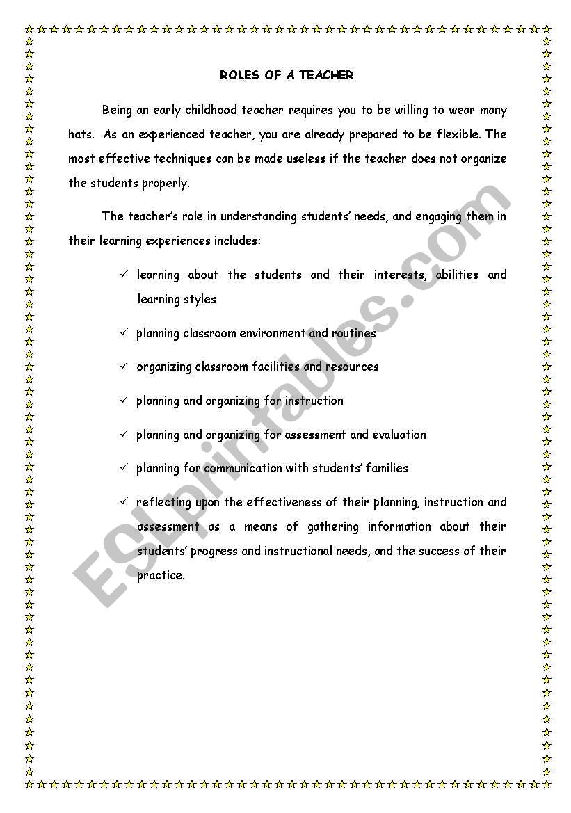 roles of a teacher worksheet