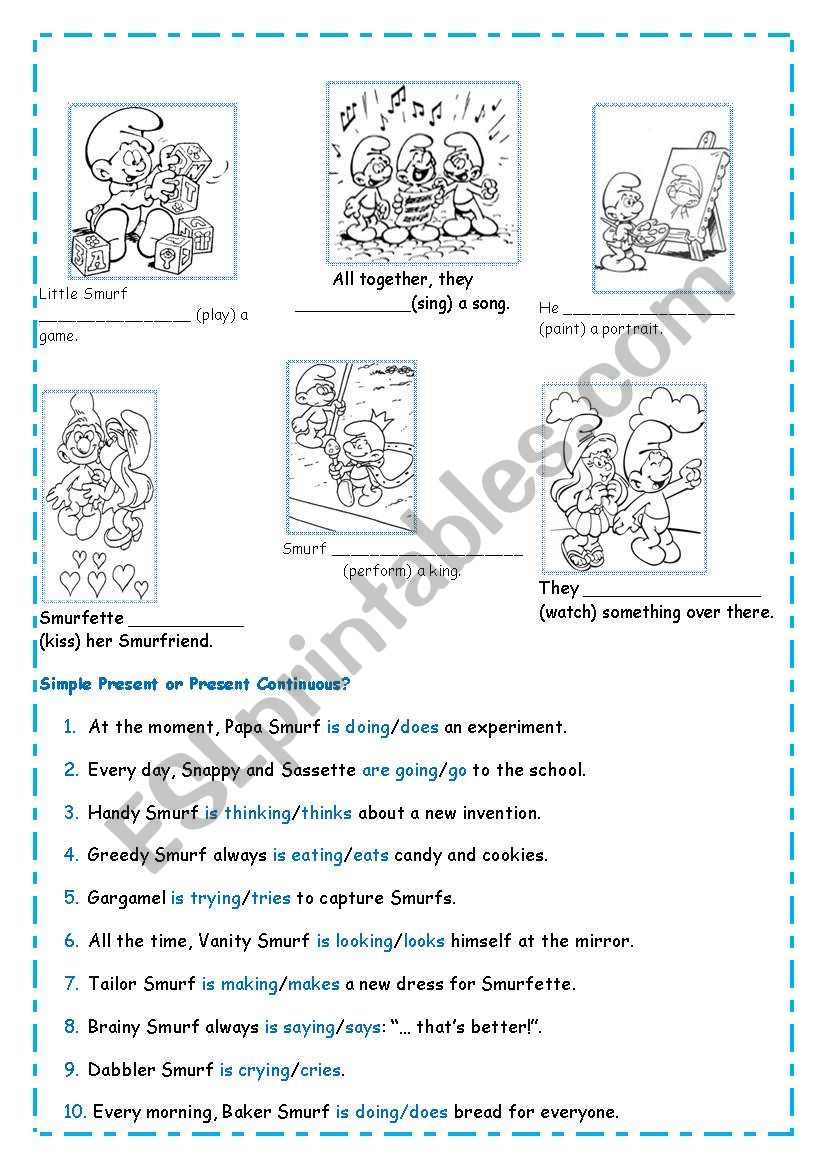 Smurfs & Present continuous worksheet