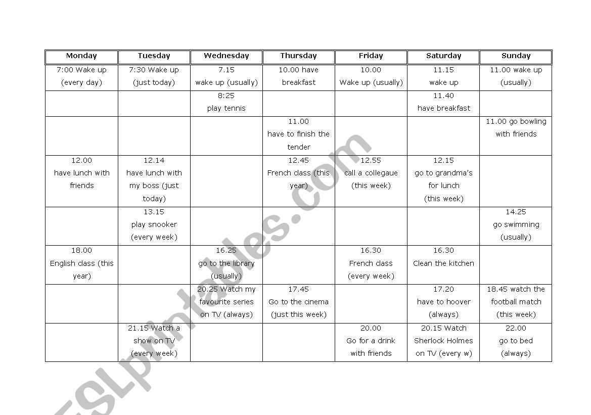 week plan fpr asking questions, inviting, practicing time, present tenses, etc. 