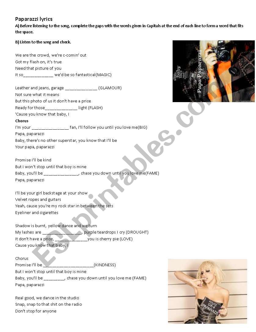 Paparazzi by Lady Gaga. Word Formation