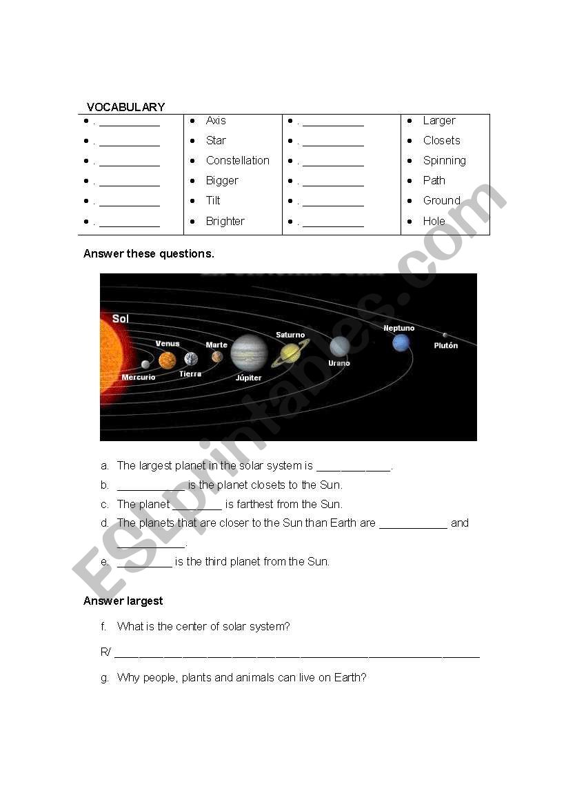 Solar sistem worksheet