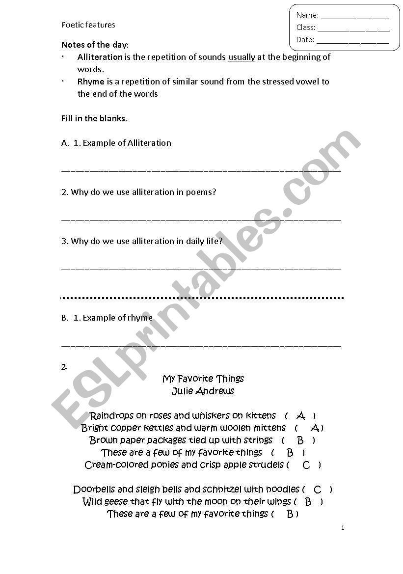 Rhyme and alliteration worksheet