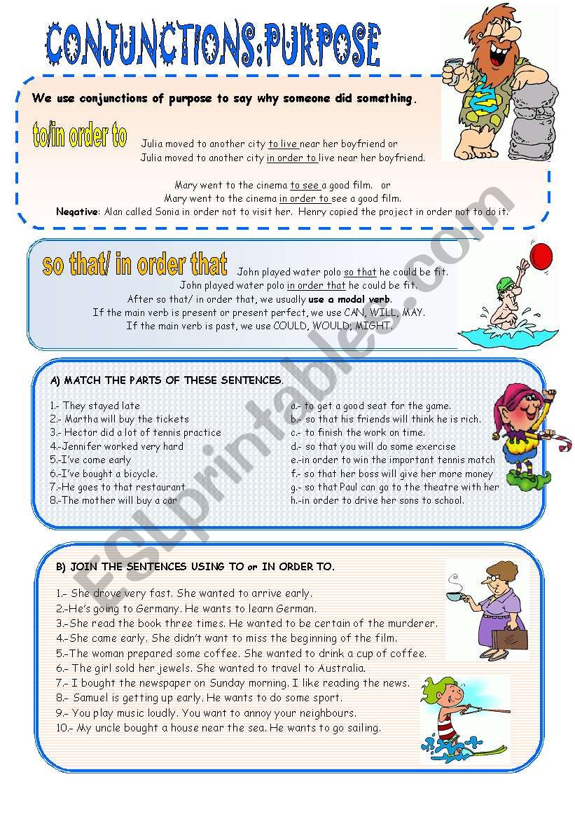 CONJUNCTIONS OF PURPOSE worksheet