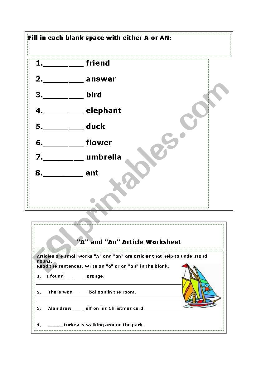 articles an/ a worksheet