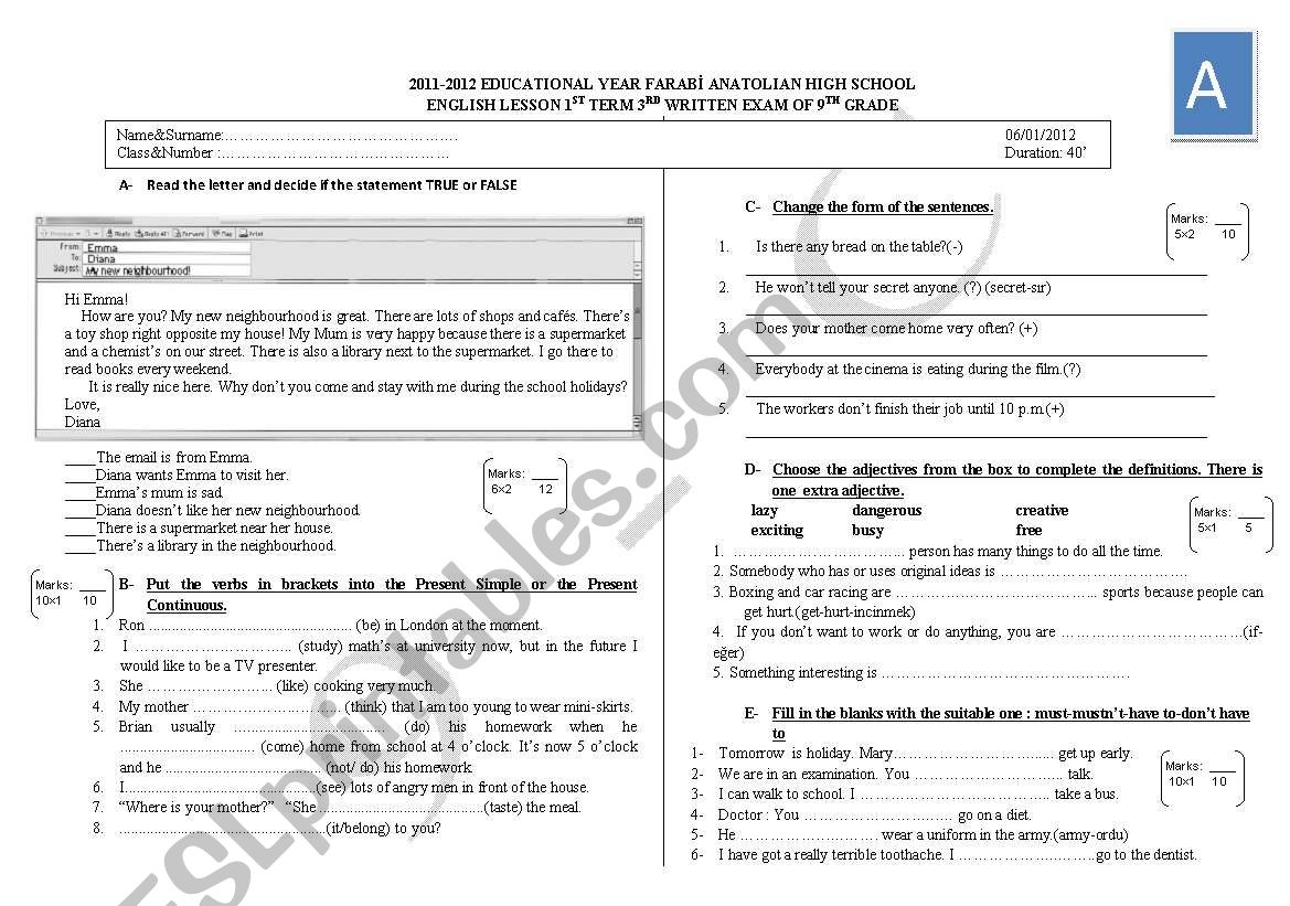 exam for 9th grade worksheet