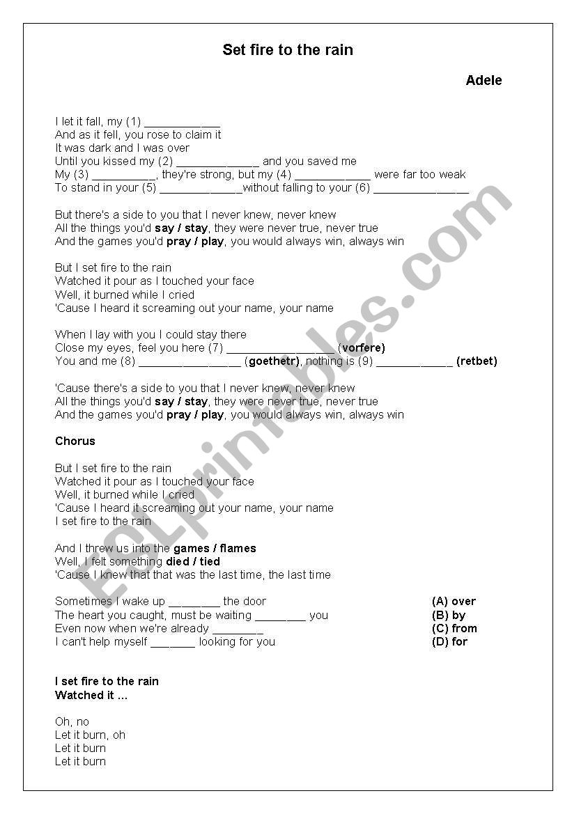 Set fire to the rain worksheet