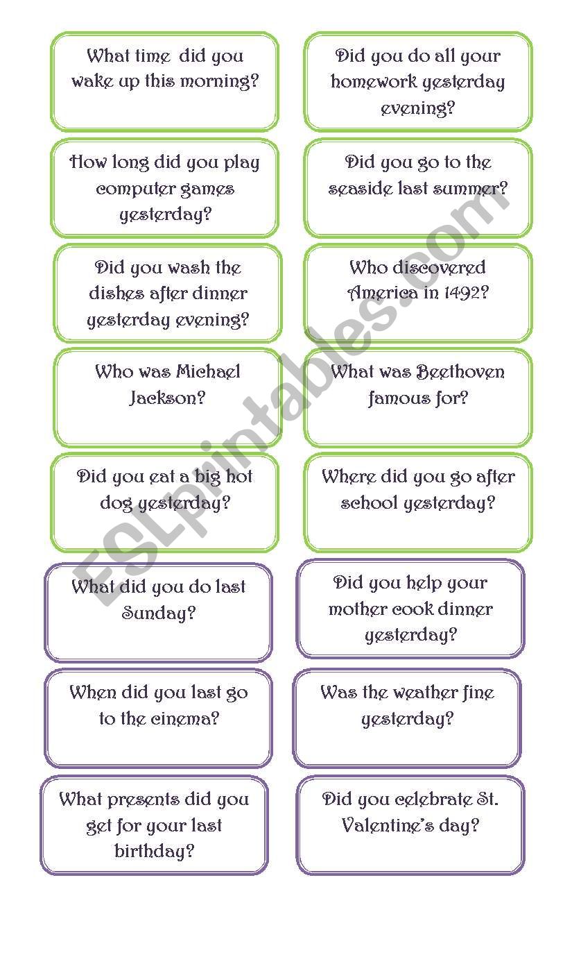 Past Simple Speaking cards worksheet