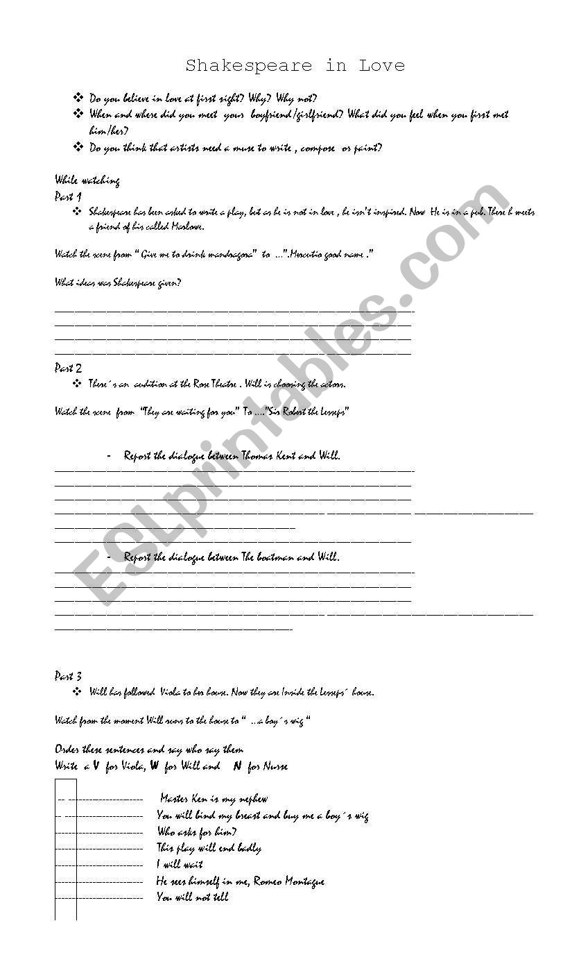 Shakespeare in love worksheet