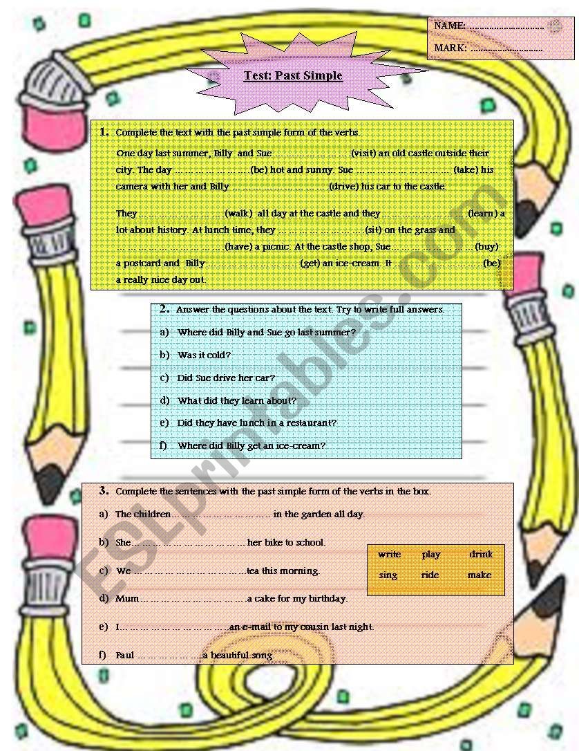 Past simple test worksheet