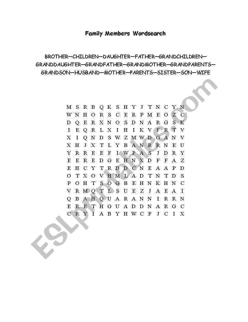 Family Members wordsearch worksheet