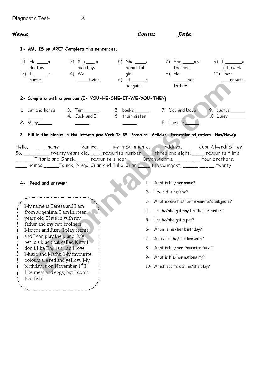 Test- (diagnostic test) worksheet
