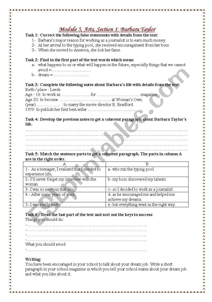 Barbara Taylor. 3rd year Arts worksheet