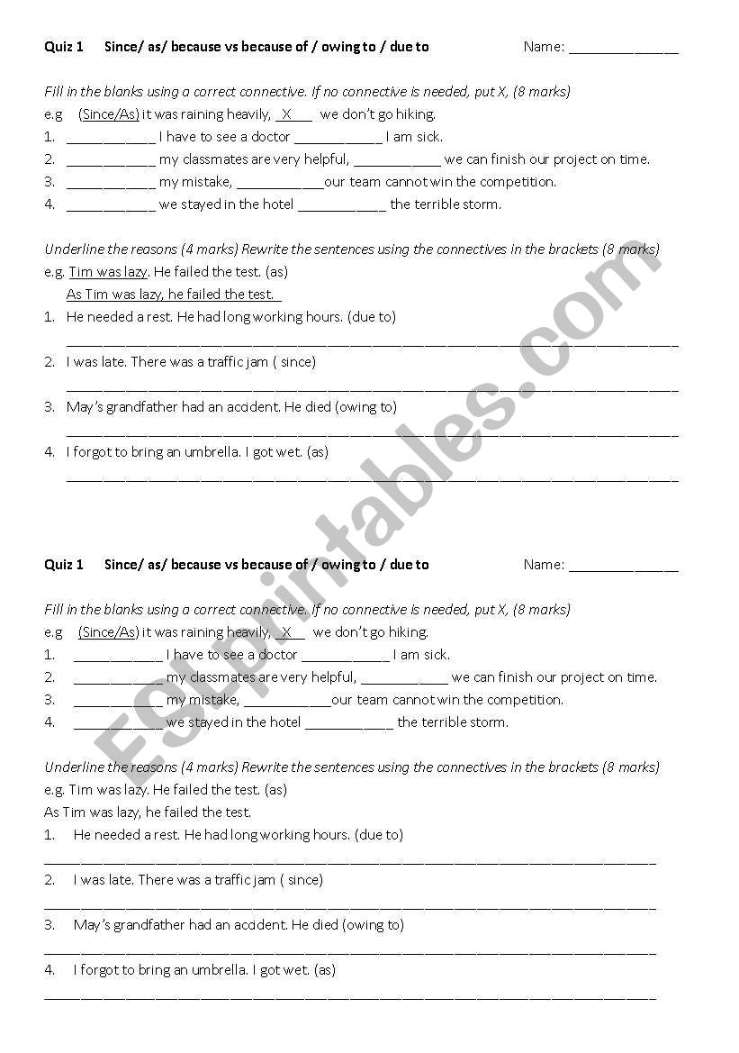 connectives of reasons worksheet