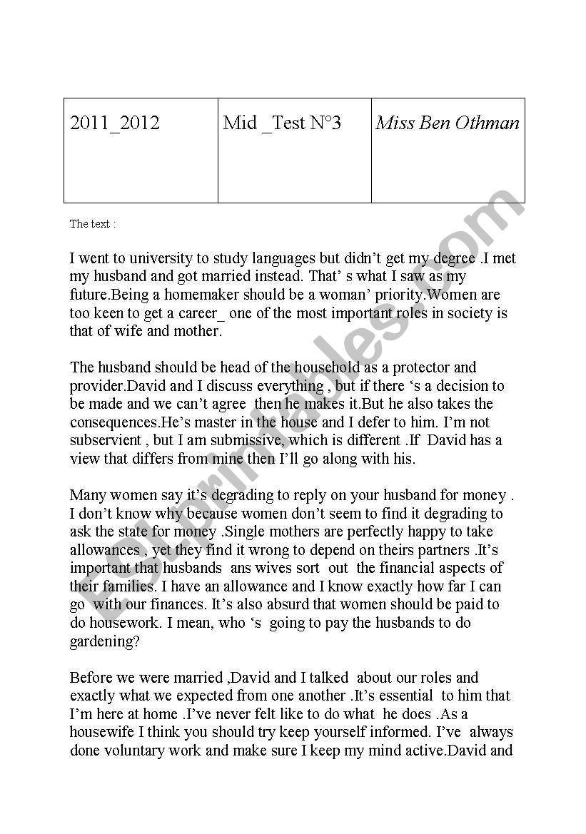 working mother worksheet