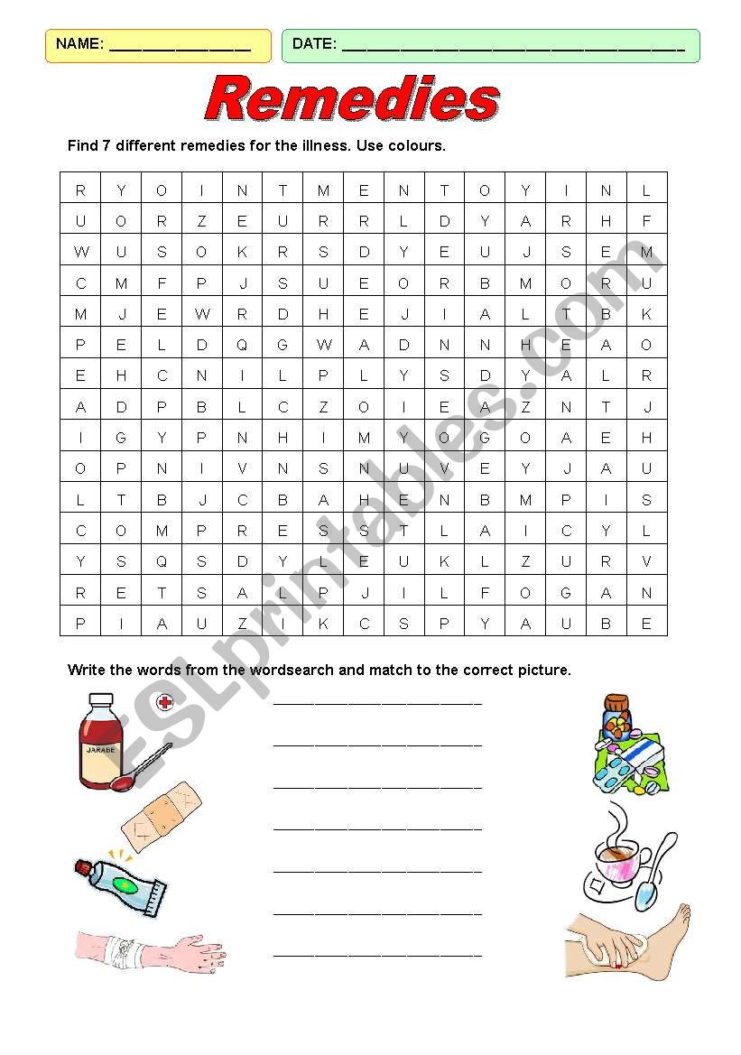 Remedies Wordsearch worksheet