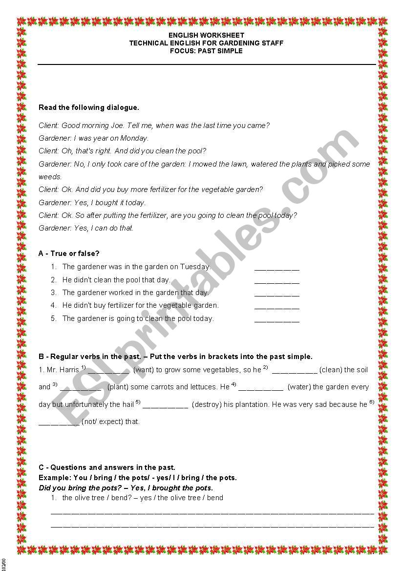 Worksheet for gardening staff worksheet